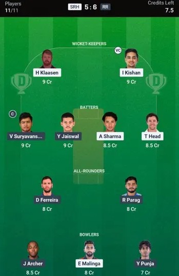 SRH vs RR dream11 prediction